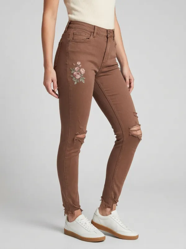 Women's Floral Rose Embroidered Distressed Graphic Slim Jeans