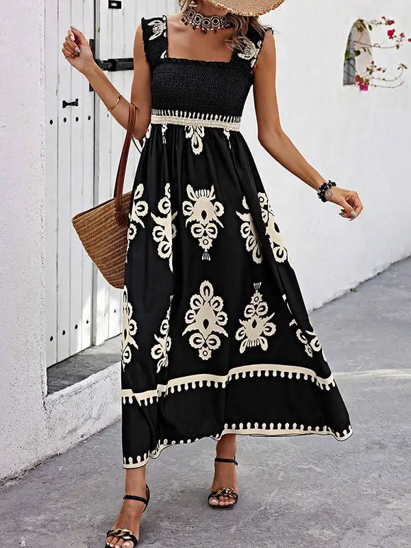 Loose Pleated Printed Neck Maxi Dress