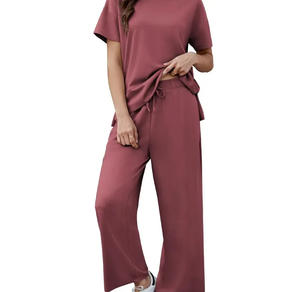 PINSPARK Women Summer Lounge Set with Short Sleeve Top & Wide Leg Pants