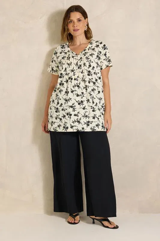 Ivory Floral Print Cotton Henley Top
