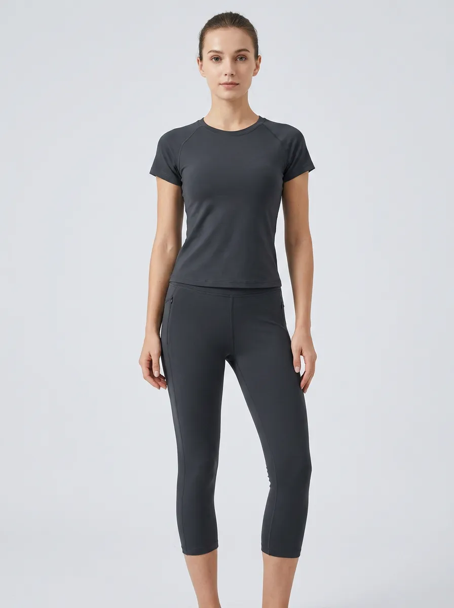 Women's Athletic Fitness Solid Charcoal Printed Sportswear Set
