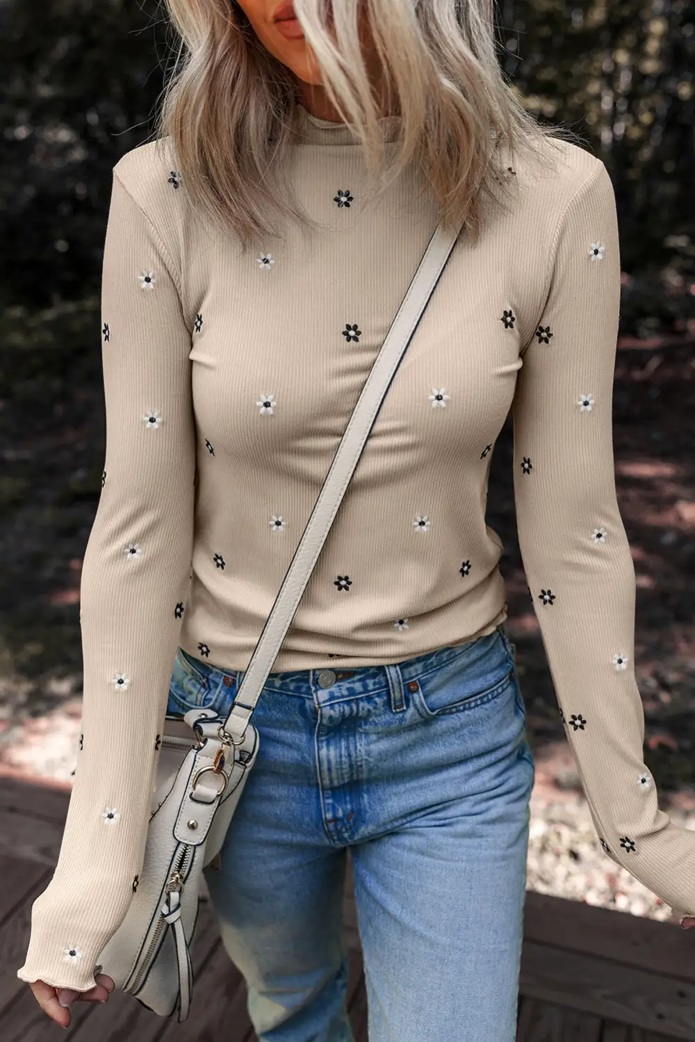 Women's Floral Print Top With Ribbed And Long Sleeve