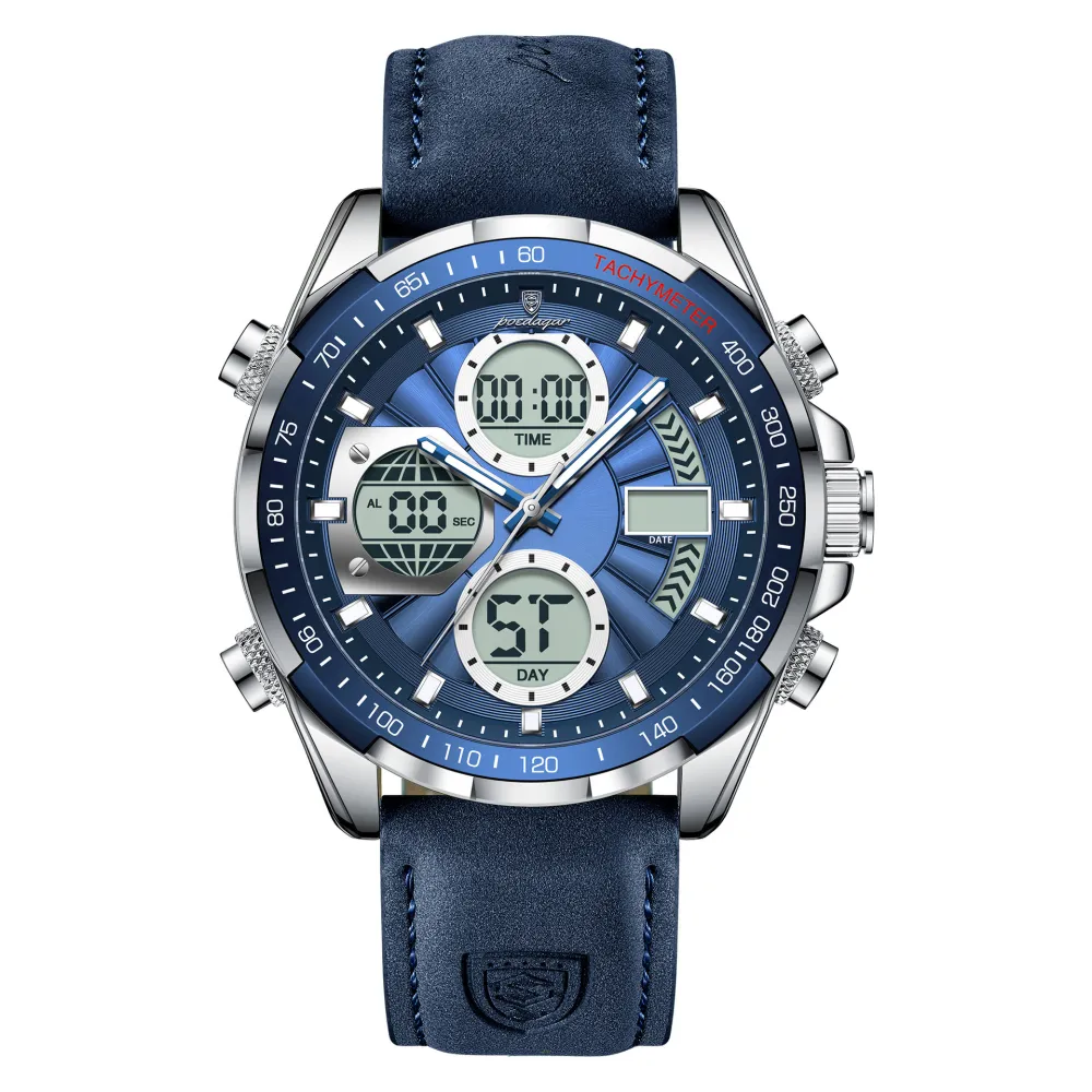 Men's Dual-Display Chronograph Watch with Blue Leather Strap
