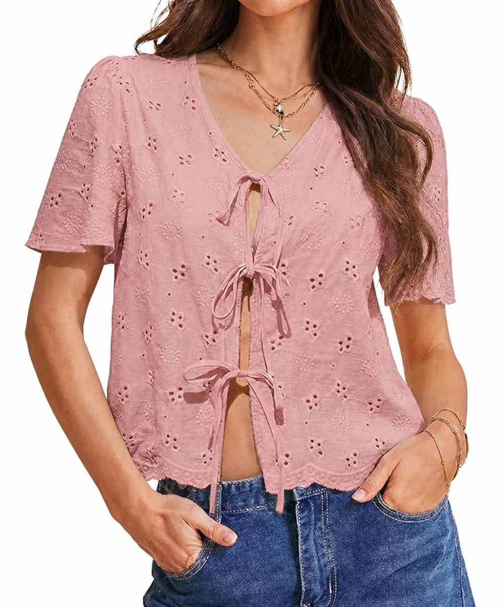 Women's Eyelet Embroidered Tie-Front Blouse
