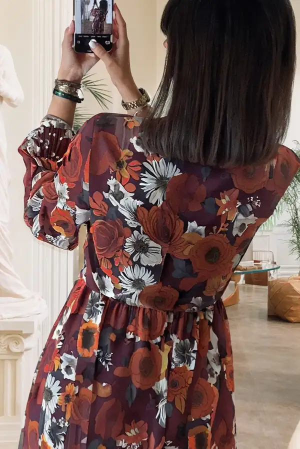 Textured Detail Floral Printed V Neck Mini Dress