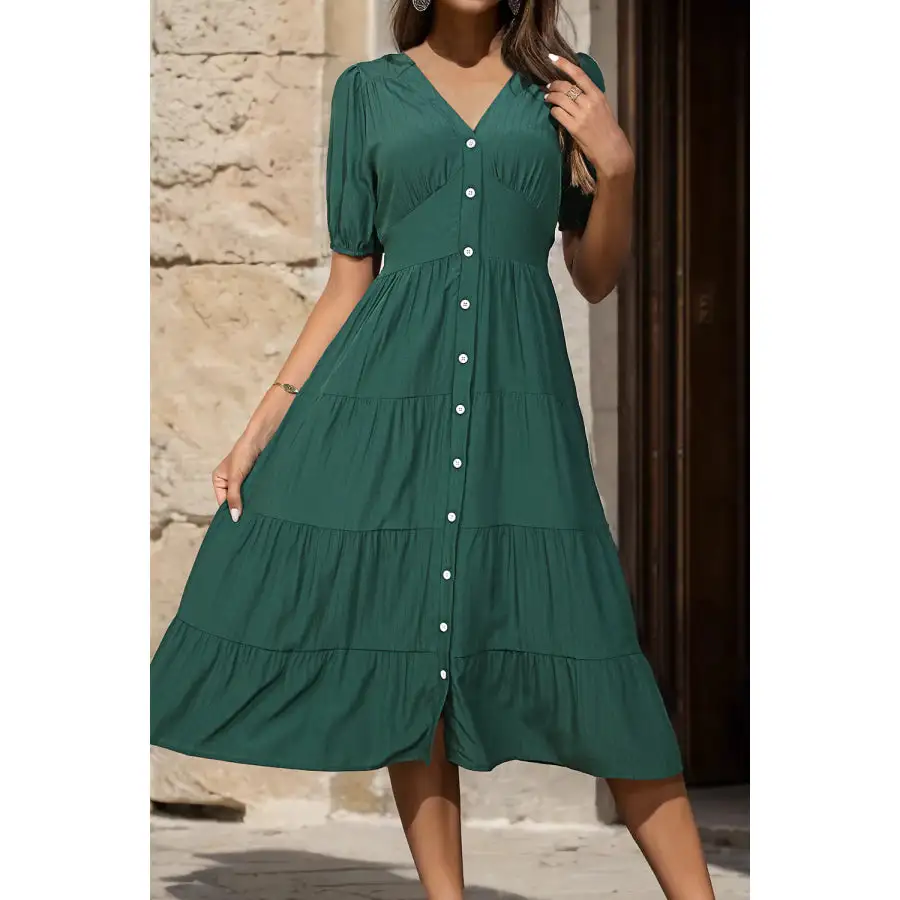 V-Neck Button Up Balloon Sleeve Midi Dress