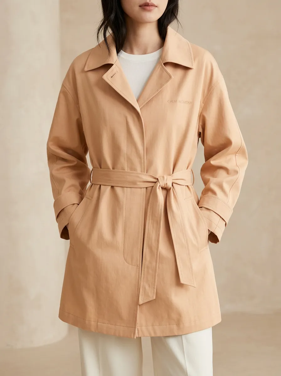 Calm Moment Embroidered Belted Trench Coat