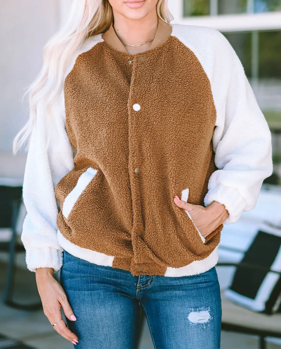 Contrast Sleeve Snap Button Sherpa Jacket