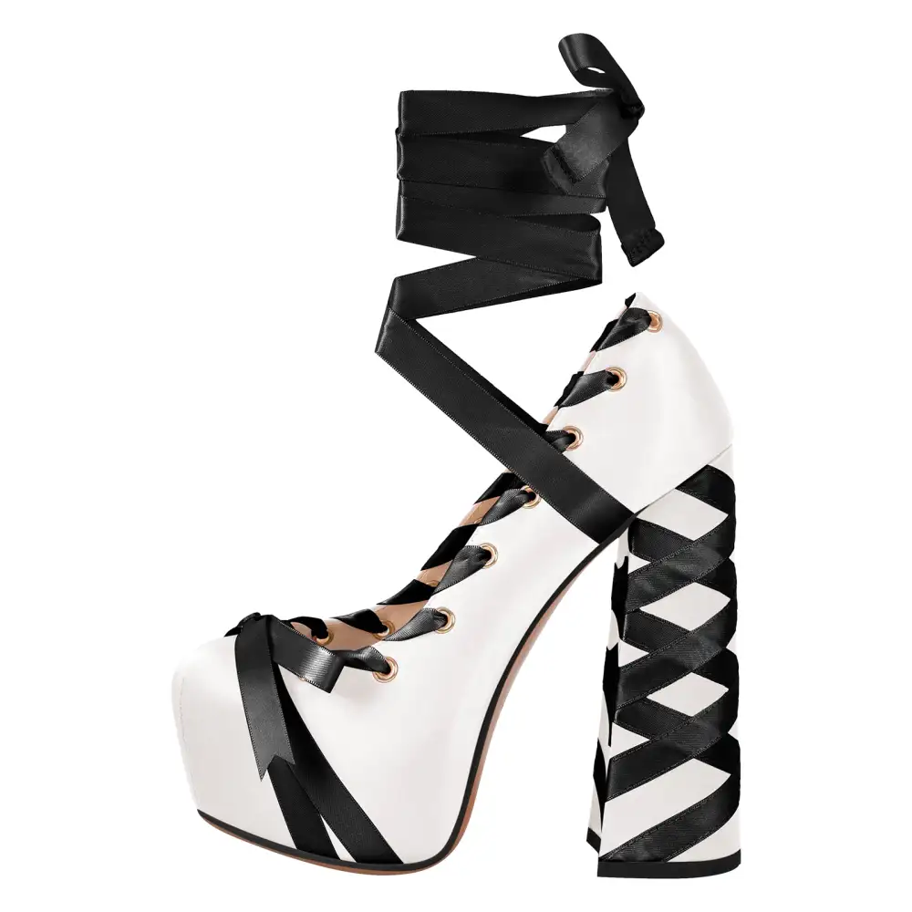 Bow Accent Pointed Toe Platform Chunky Heel Lace Up Pumps