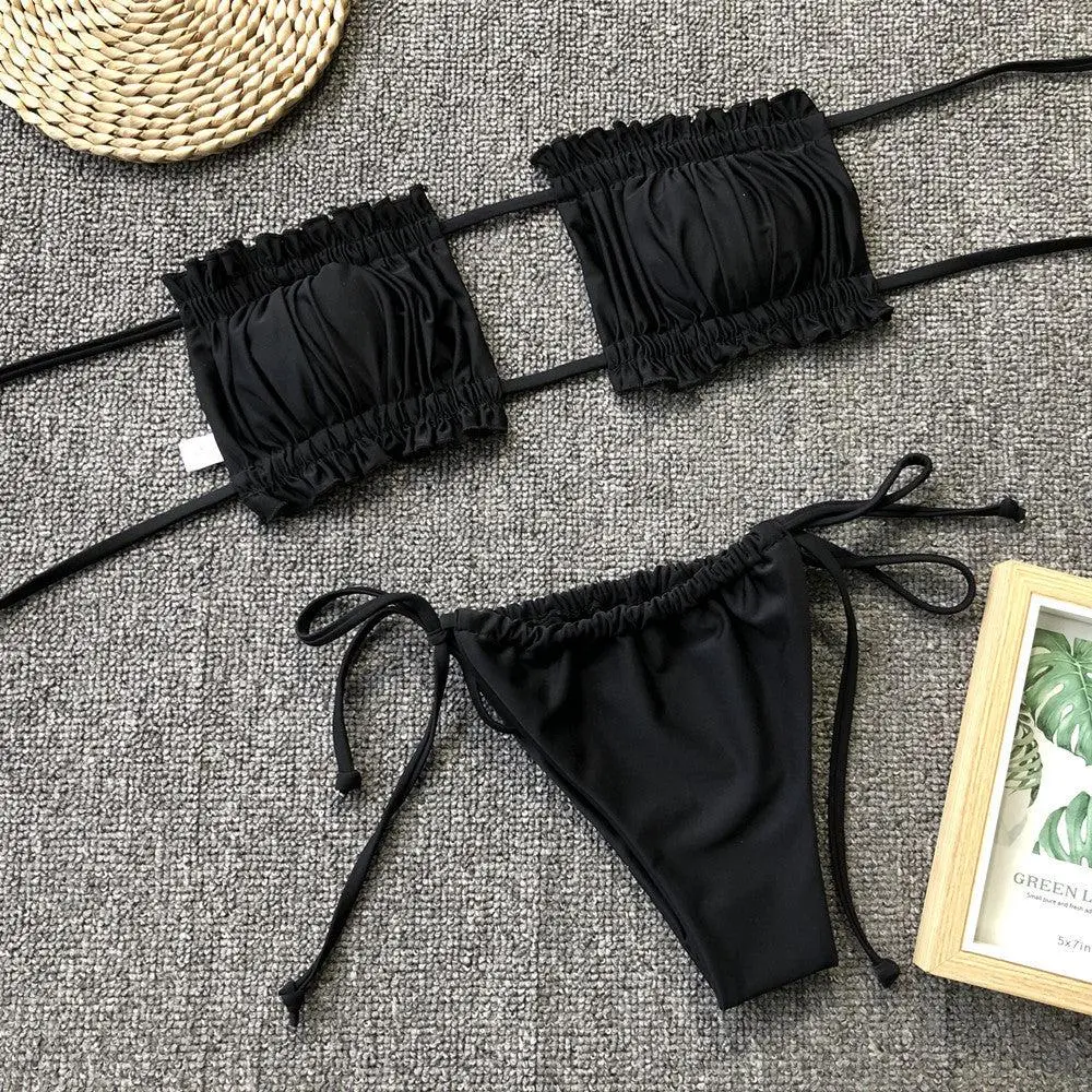 Frill Trim Ruched Bikini Swim Set