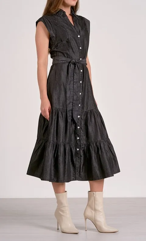 Black Belted Cap Sleeve Tiered Midi Dress