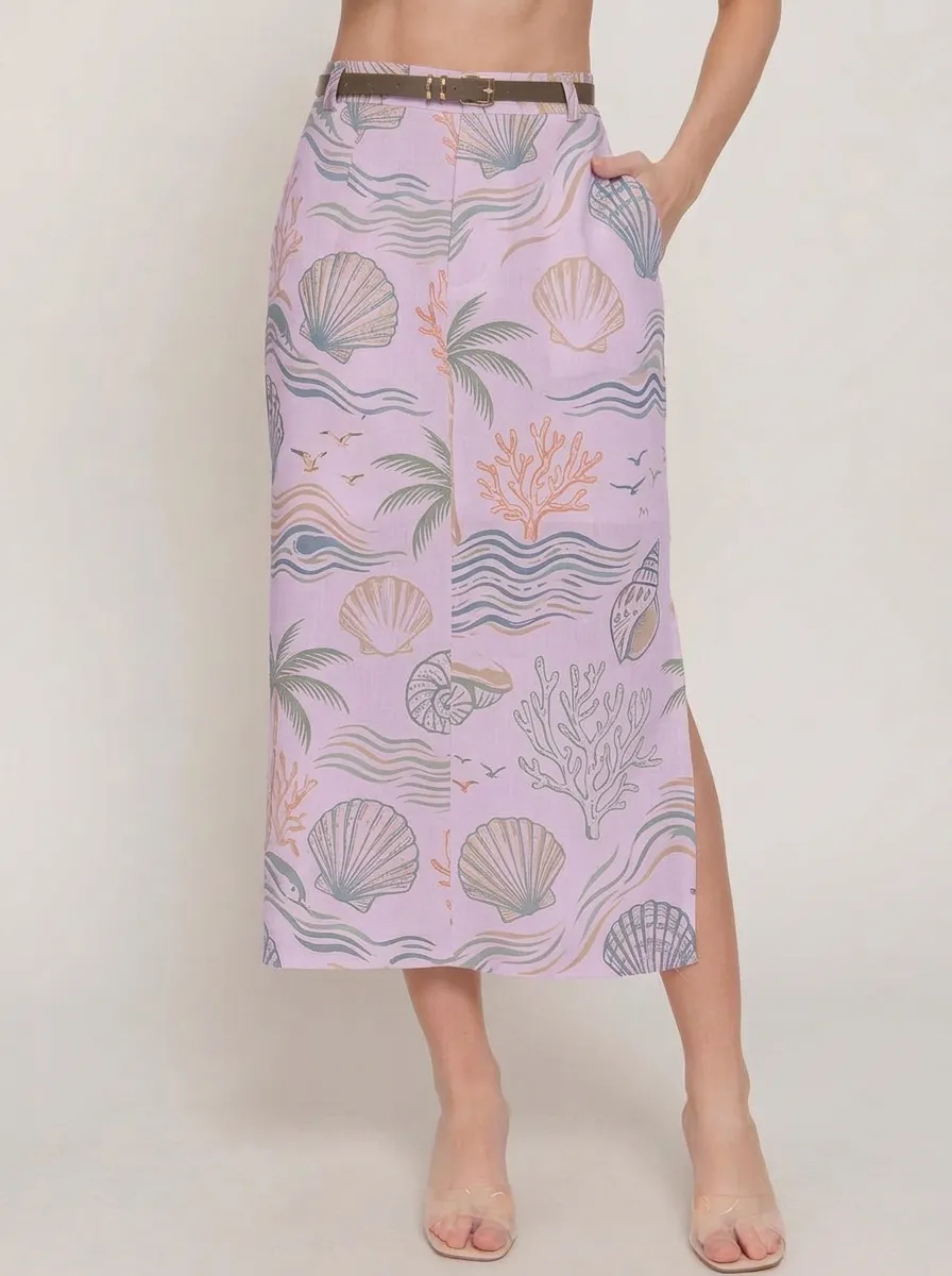 Women's Beach Vacation Seashell Palm Tree Printed Midi Skirt