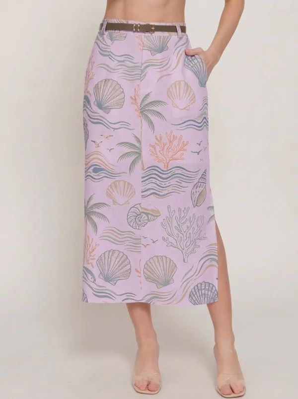 Women's Beach Vacation Seashell Palm Tree Printed Midi Skirt