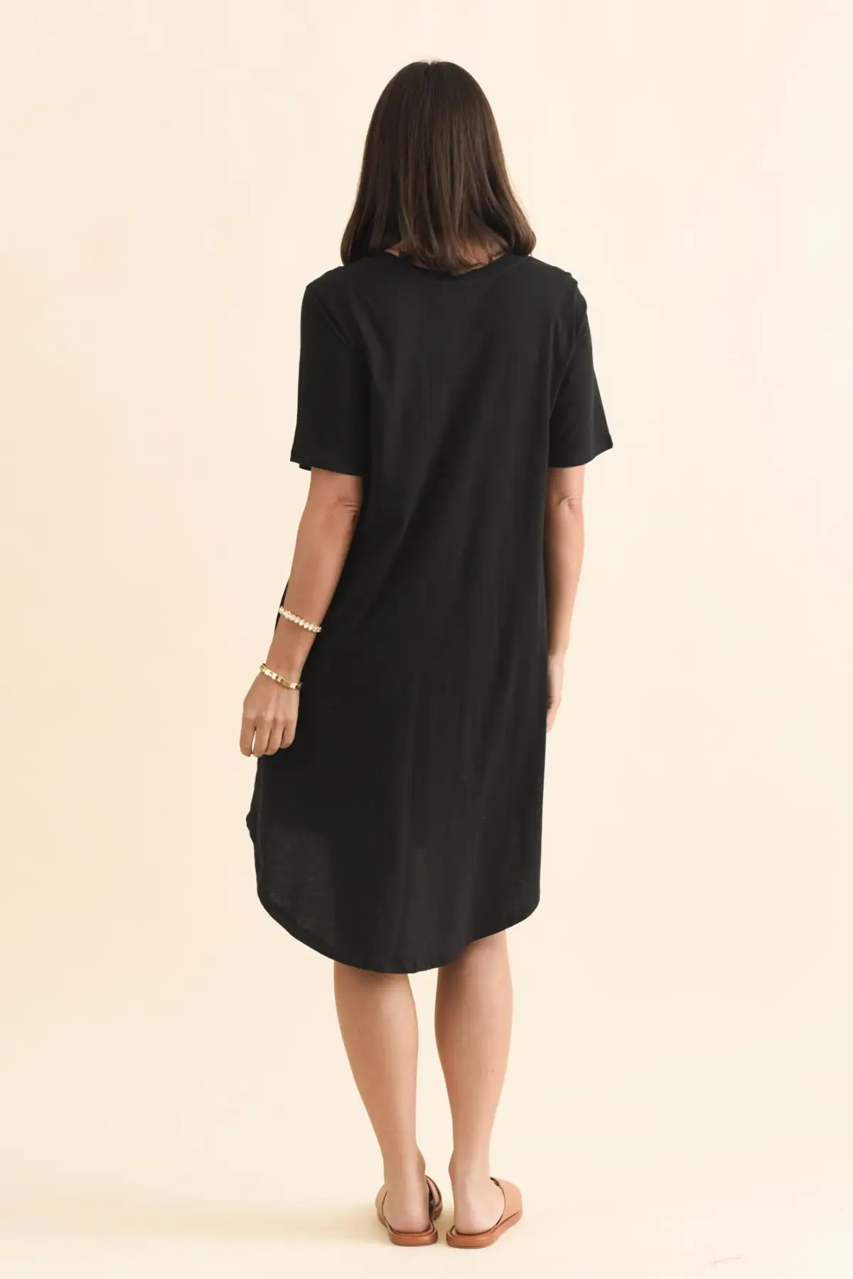 Cotton Pocket Round-Neck Short-Sleeve Draped High-Low-Hem Above-Knee T-Shirt Dress