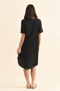 Cotton Pocket Round-Neck Short-Sleeve Draped High-Low-Hem Above-Knee T-Shirt Dress