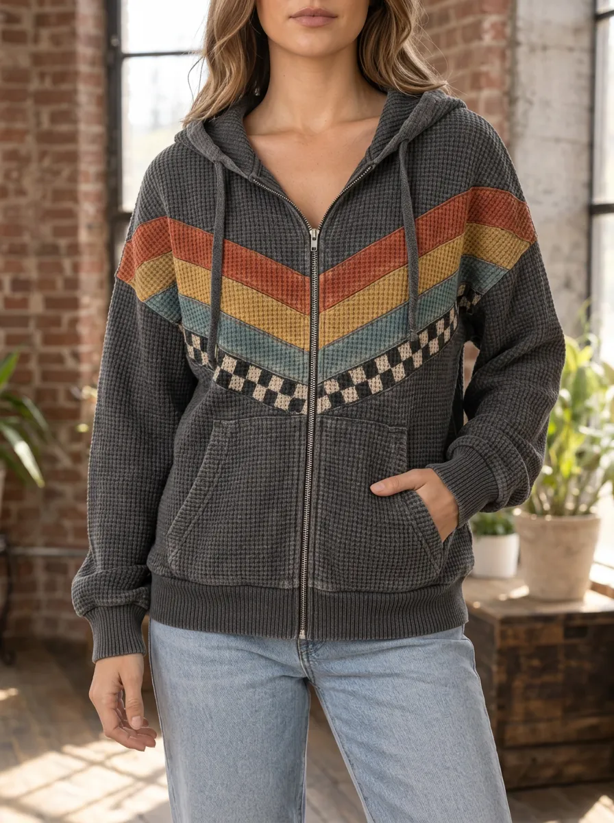 Women's Retro Stripe Checkerboard Pattern Printed Waffle Zip Hoodie