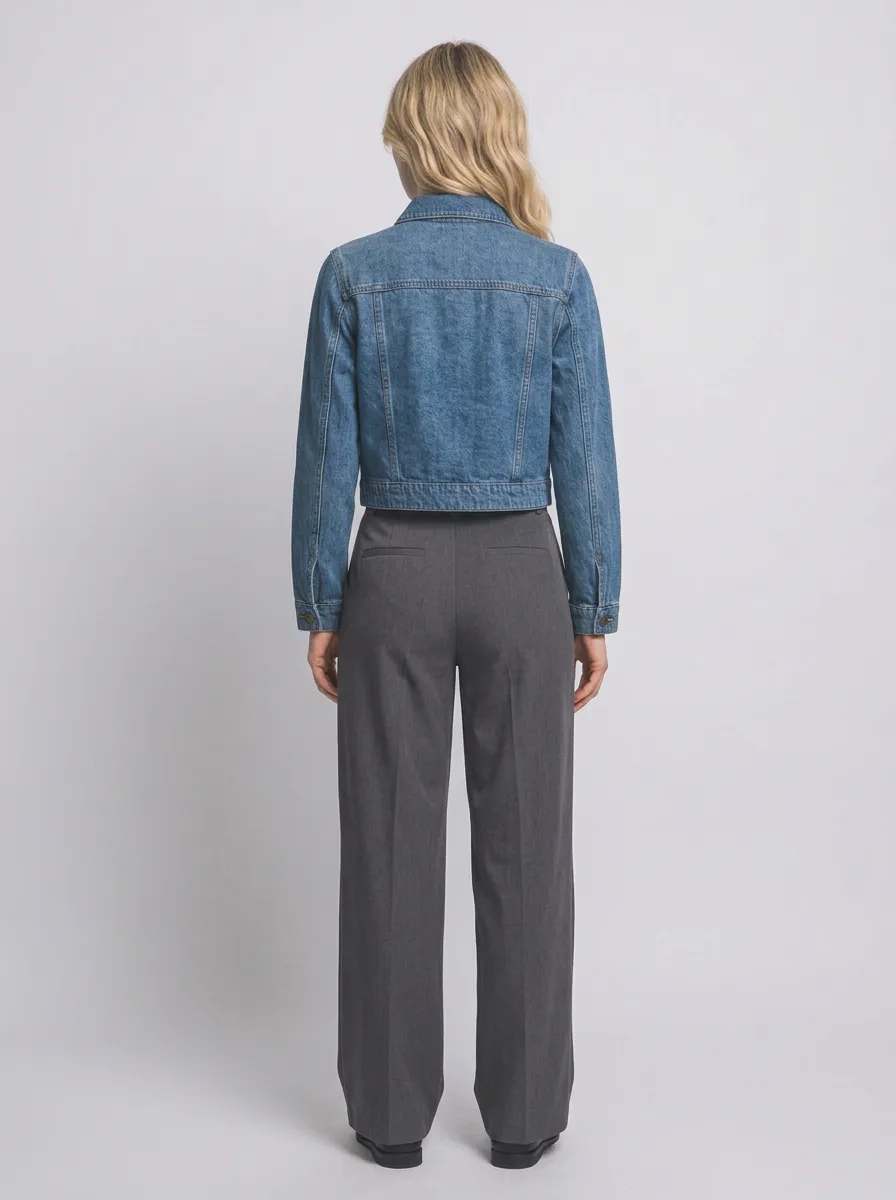 Women's Blue Floral Embroidered Cropped Denim Trucker Jacket