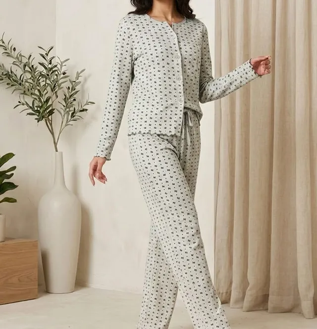 Bow Knot Print Lettuce-Edge Pajama Set
