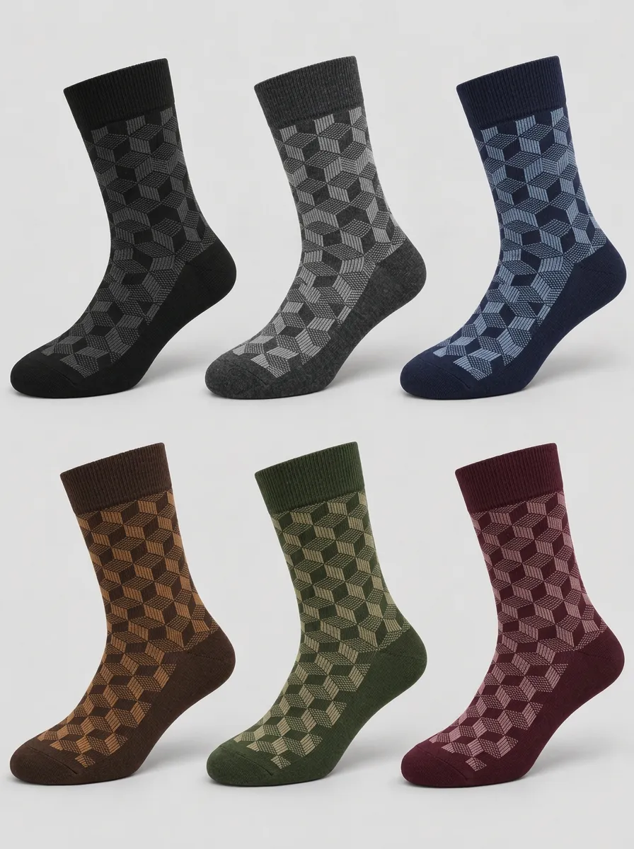 Men's Geometric Cube Pattern Printed Crew Socks 6-Pack