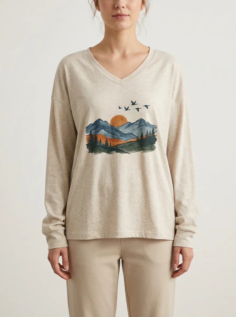 Women's Landscape Graphic V-Neck Long-Sleeve T-Shirt