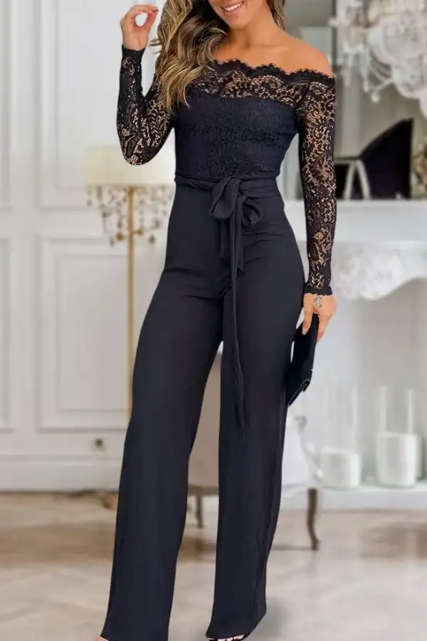 Lace Patchwork Off-Shoulder Belted Jumpsuit