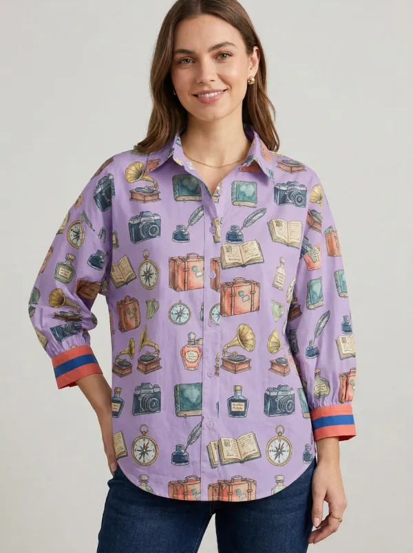 Women's Vintage Traveler Book Camera Printed Button-up Shirt