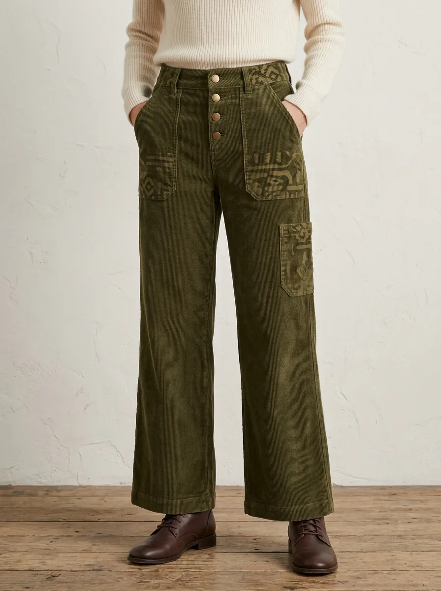 Women's Boho Style Geometric Pattern Printed Corduroy Pants