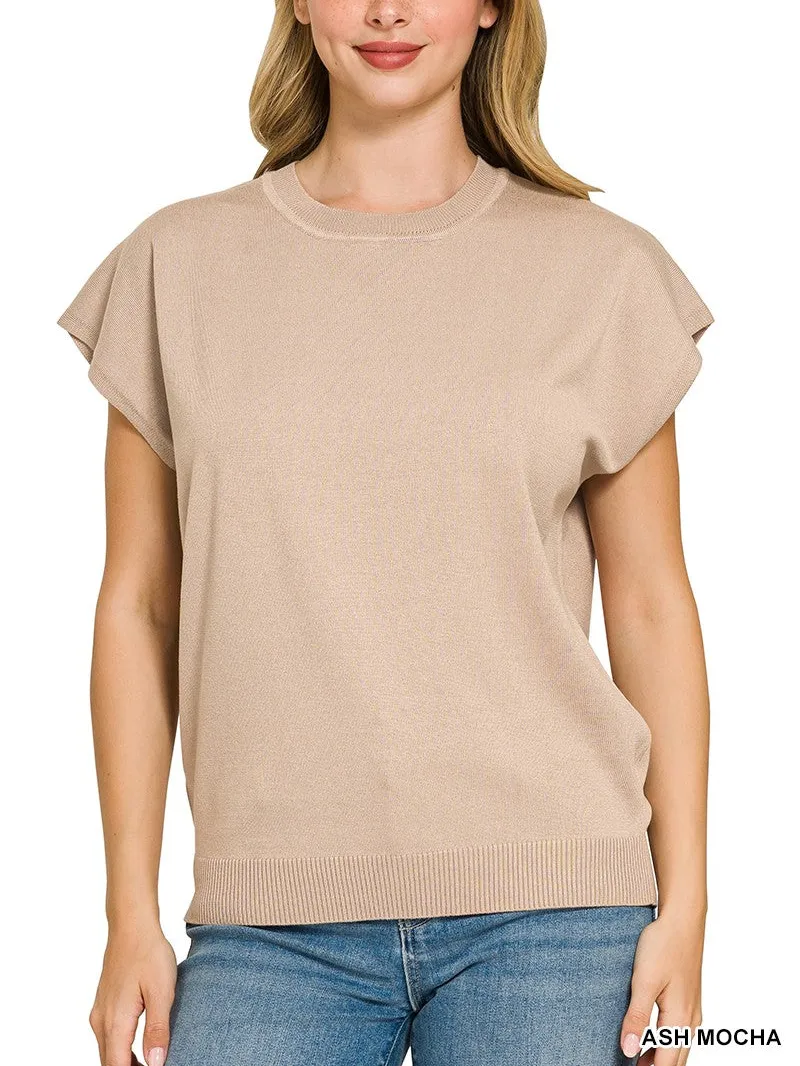 Ribbed Knit Flutter Sleeve Pullover Top