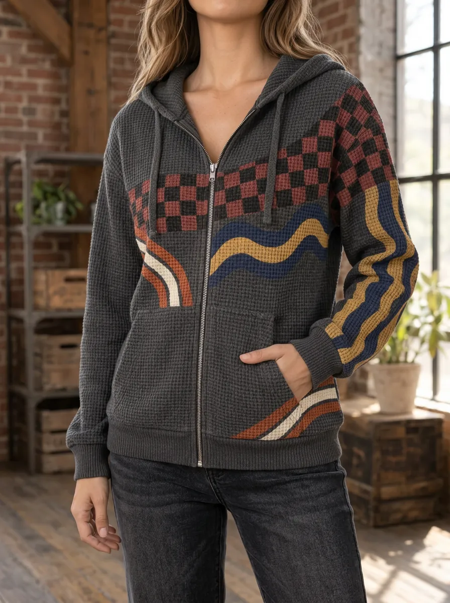 Women's Retro Checkered Wavy Pattern Printed Waffle Zip Hoodie