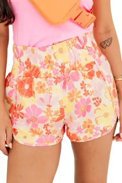 Boho Floral Shirred High Waist Casual Shorts