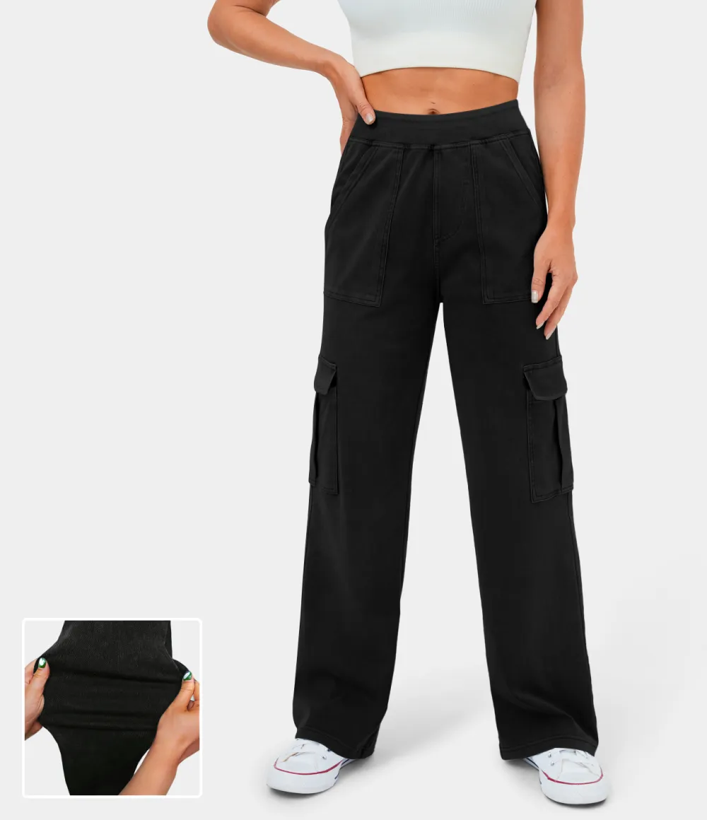 Magic Mid Rise Multiple Pockets Straight Leg Stretchy Knit Casual Cargo Jeans