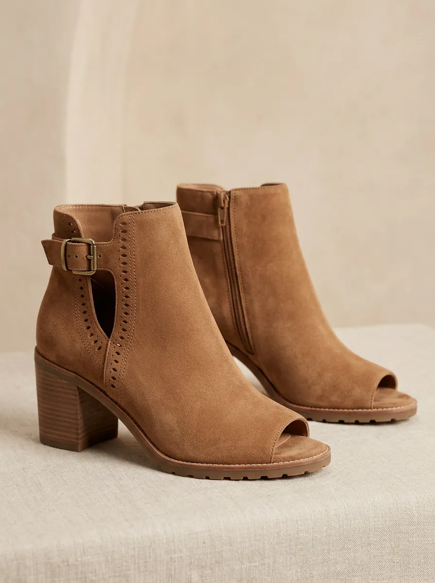 Cutout Suede-Look Women's Peep-Toe Ankle Boots