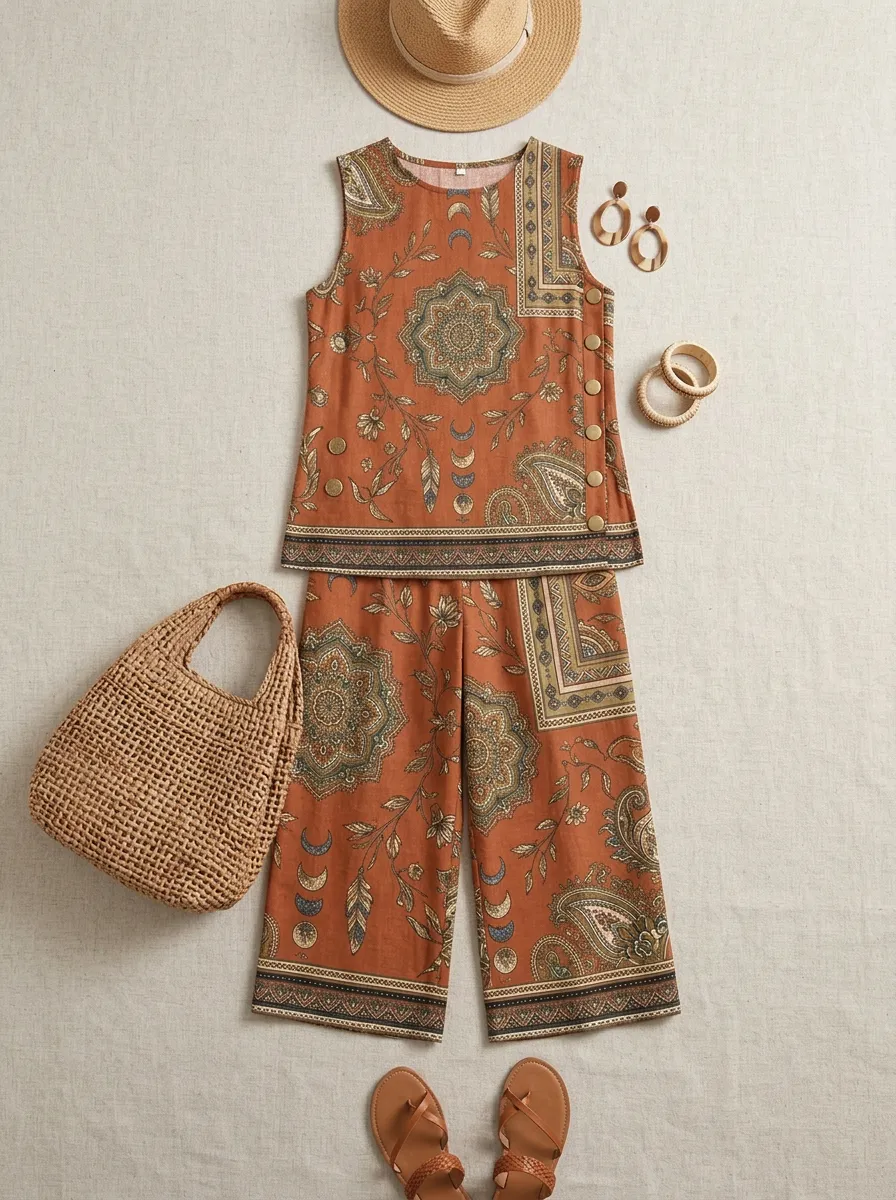 Women's Bohemian Mandala Paisley Printed Sleeveless Set