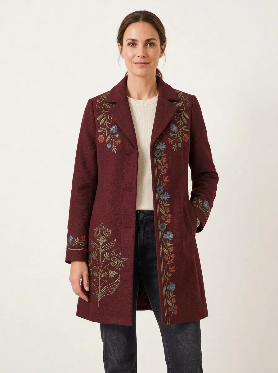 Women's Floral Botanical Embroidered Printed Wool Blend Coat