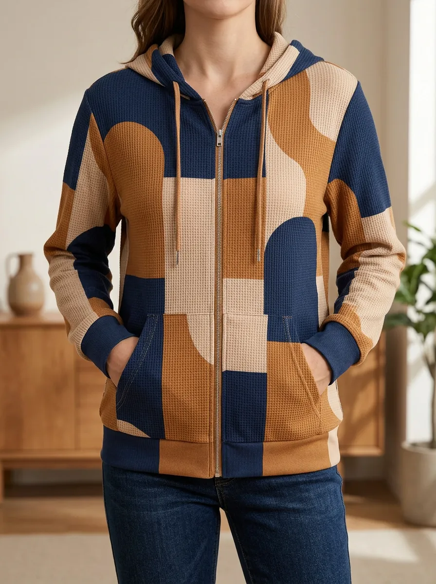 Women's Geometric Colorblock Signature Layout Waffle Zip-Up Hoodie