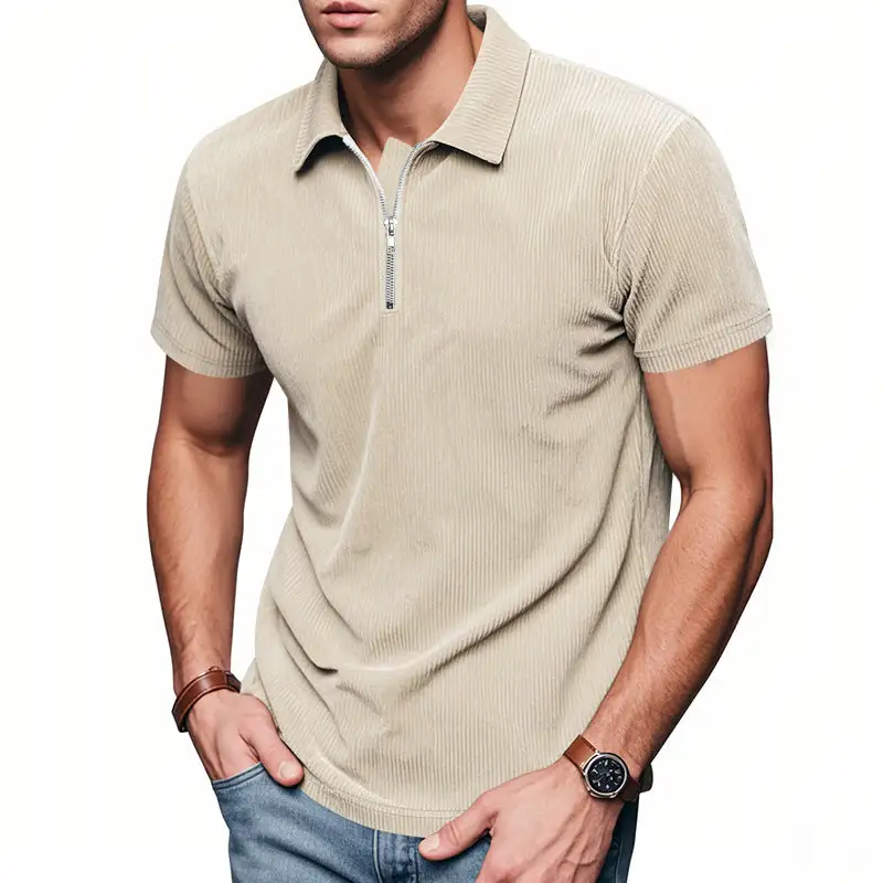 Ribbed Zip Front Short Sleeve Polo Shirt