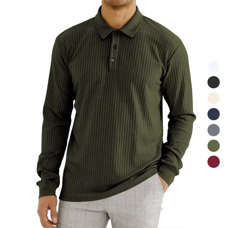 Ribbed Elastic Hem Long Sleeve Polo Shirt