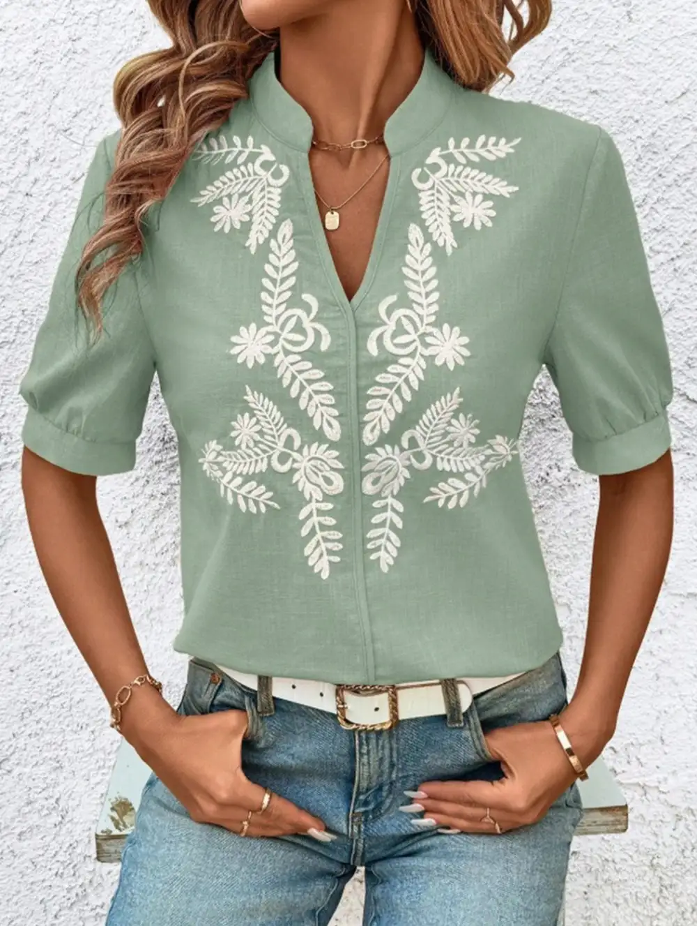 Everyday V Neck Embroidered Blouse