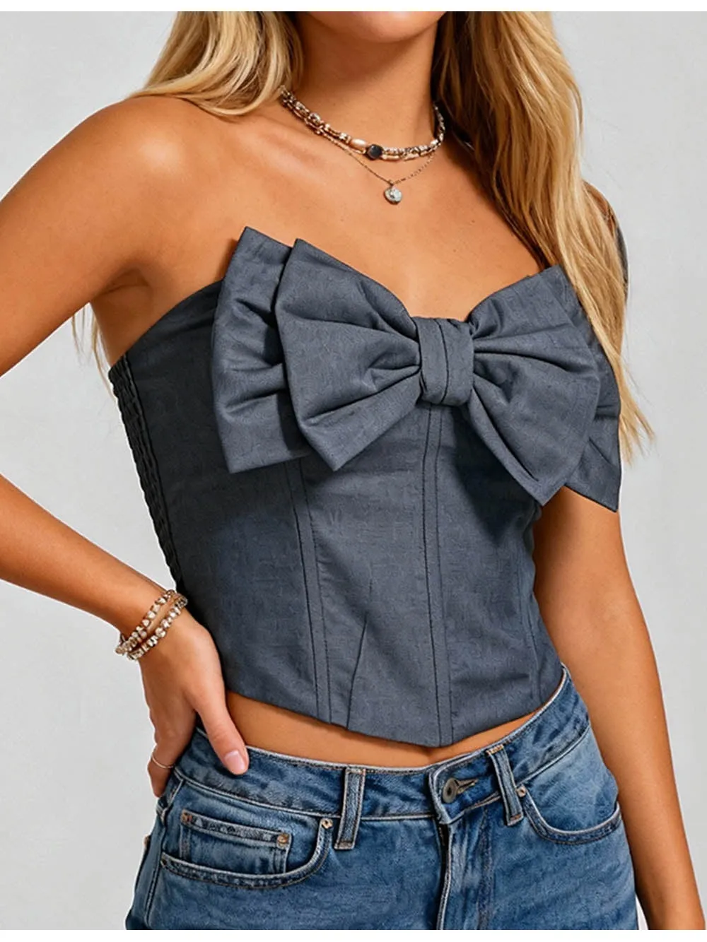 Bow Neck Corset Solid Color Crop Tube Top