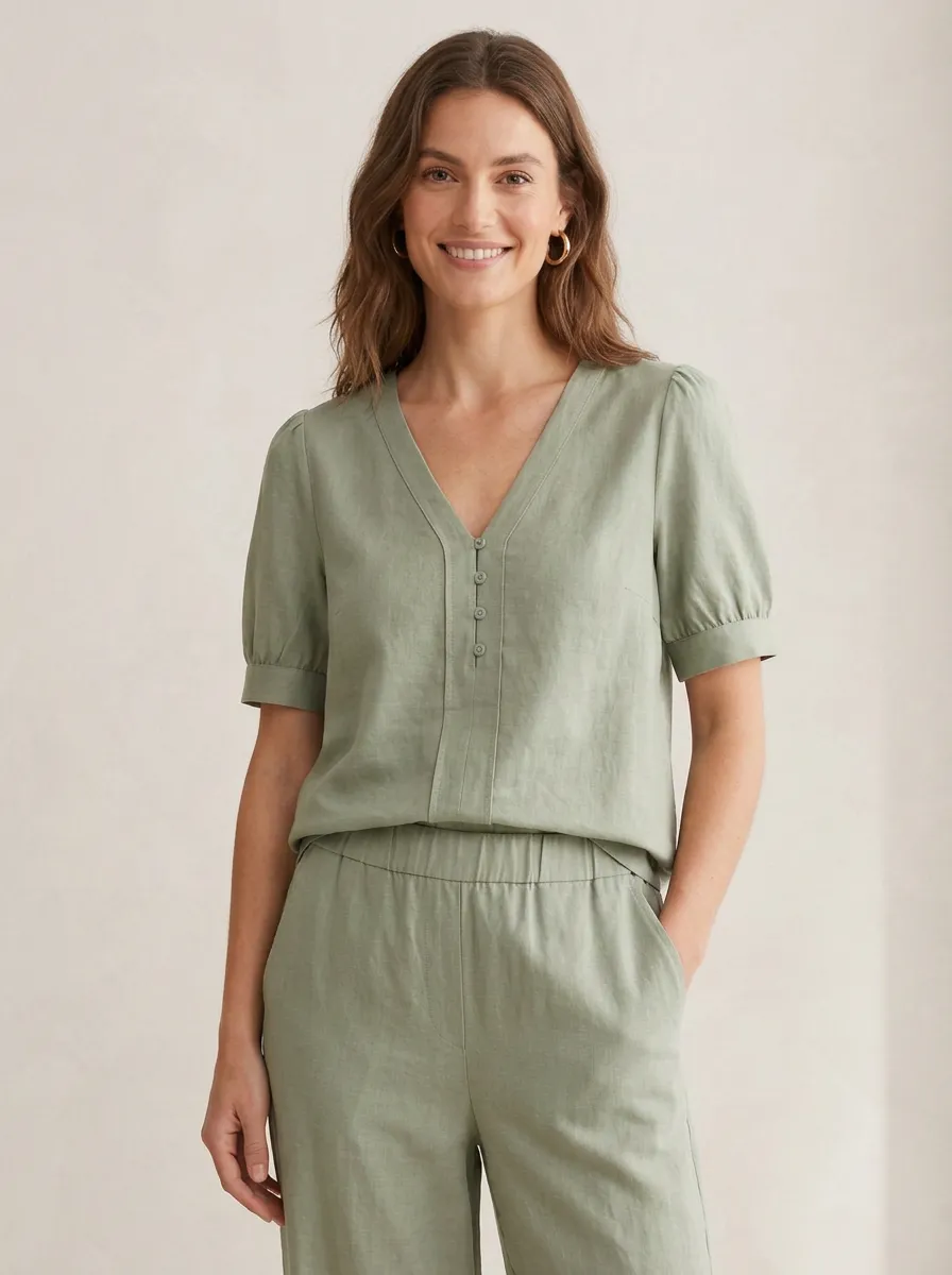 Short-Sleeve Button-Front Women's V-Neck Blouse