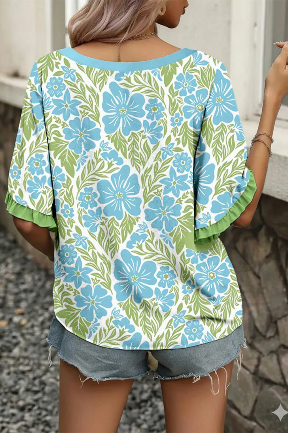 Sky Blue Floral Print Ruffled Blouse