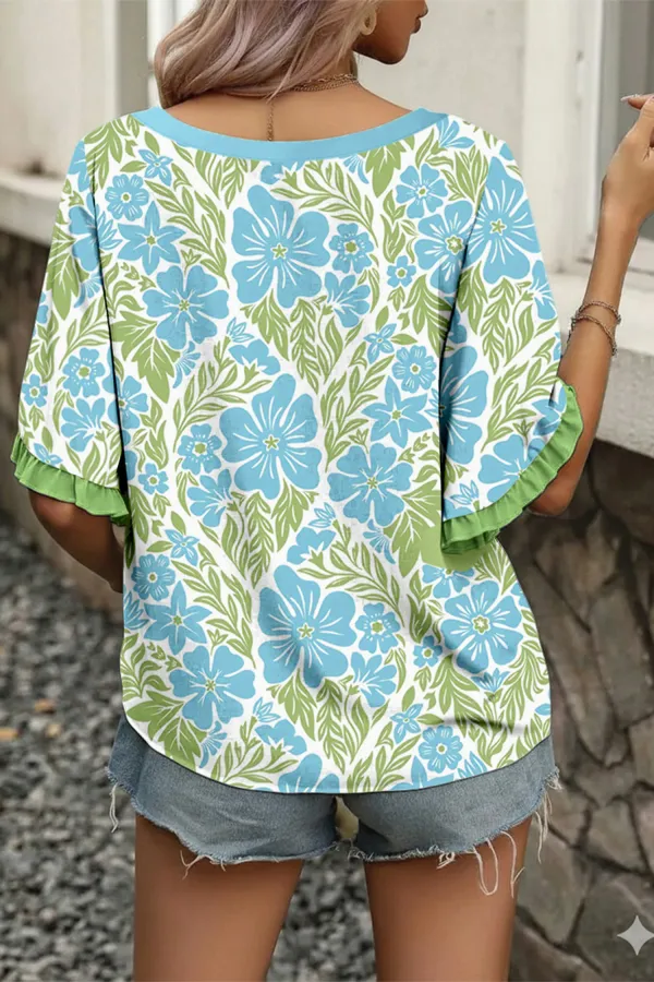 Sky Blue Floral Print Ruffled Blouse