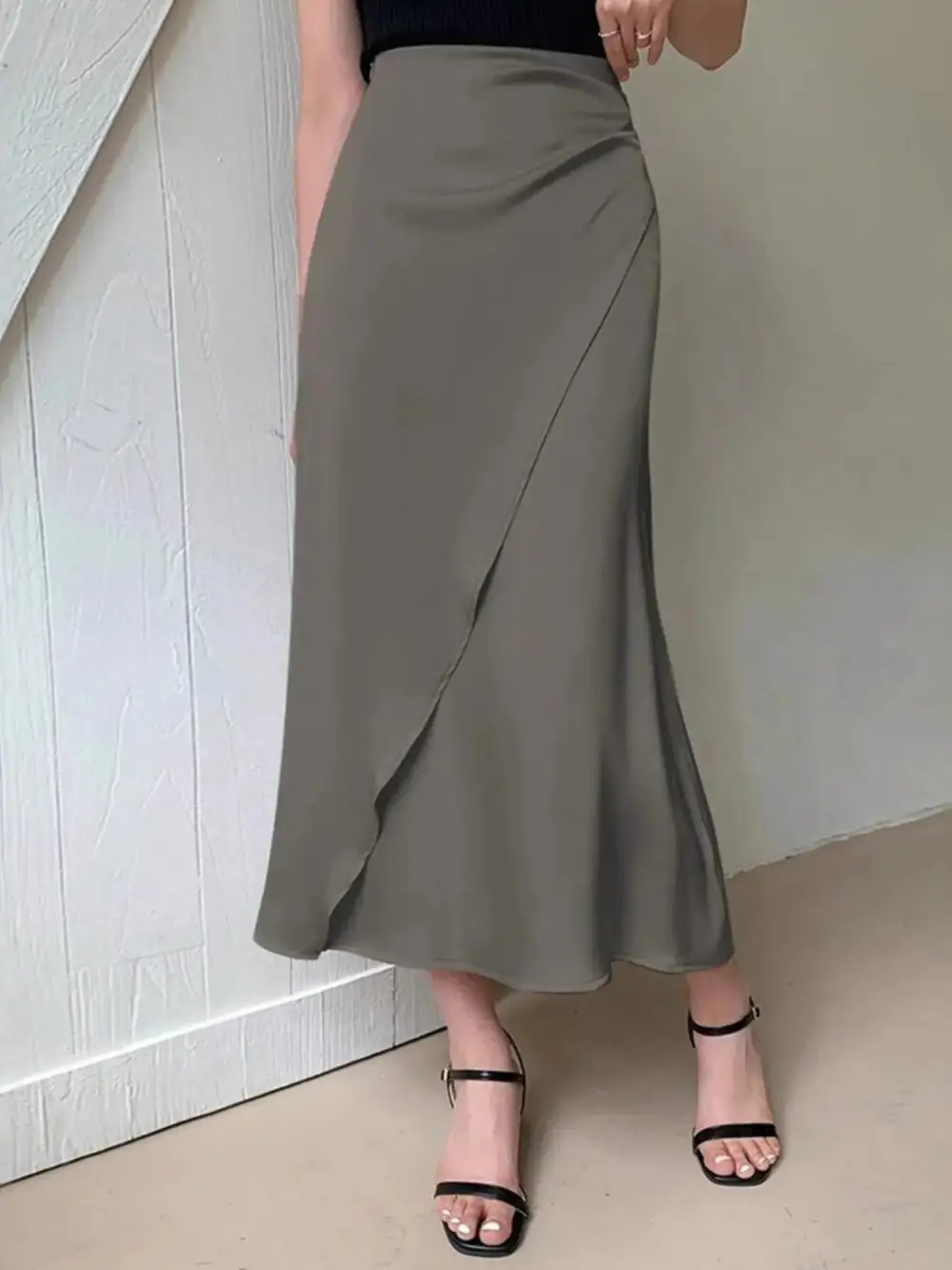 Asymmetric Wrap Midi Skirt With Fluted Hem