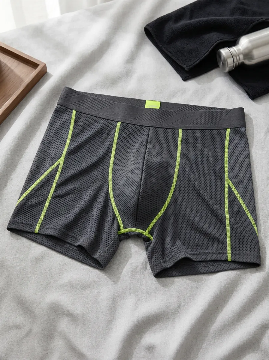 Men's Athletic Sports Neon Green Trim Mesh Printed Boxer Briefs