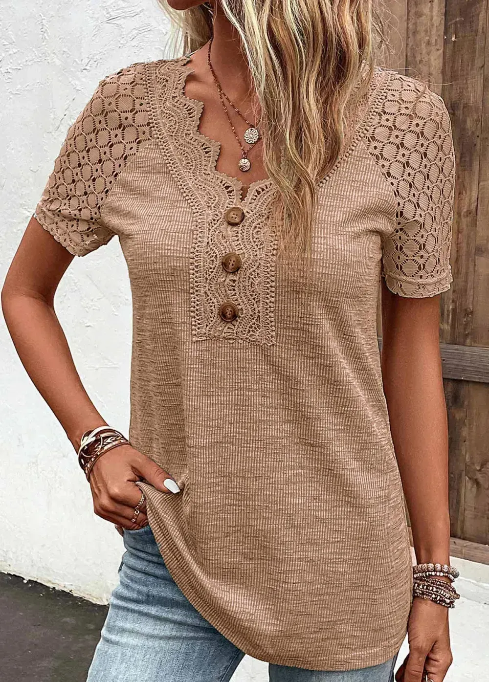 Dark Camel Lace Short Sleeve T Shirt