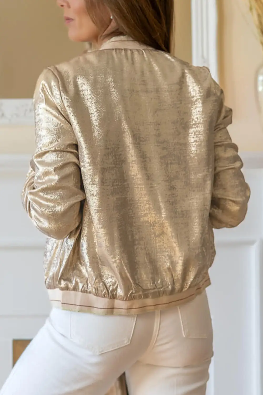 Metallic Zip Front Ribbed Collar Jacket