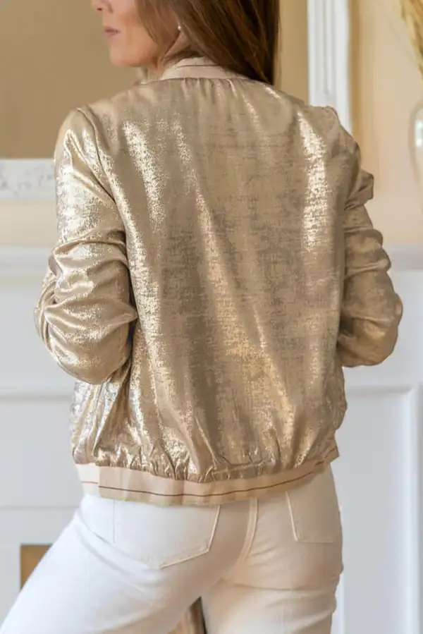 Metallic Zip Front Ribbed Collar Jacket