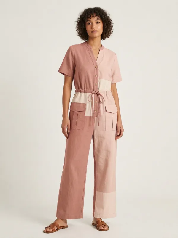 Women's Patchwork Colorblock Linen Blend Jumpsuit