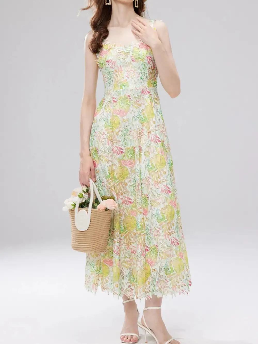 Floral Lace V Neck Midi Dress