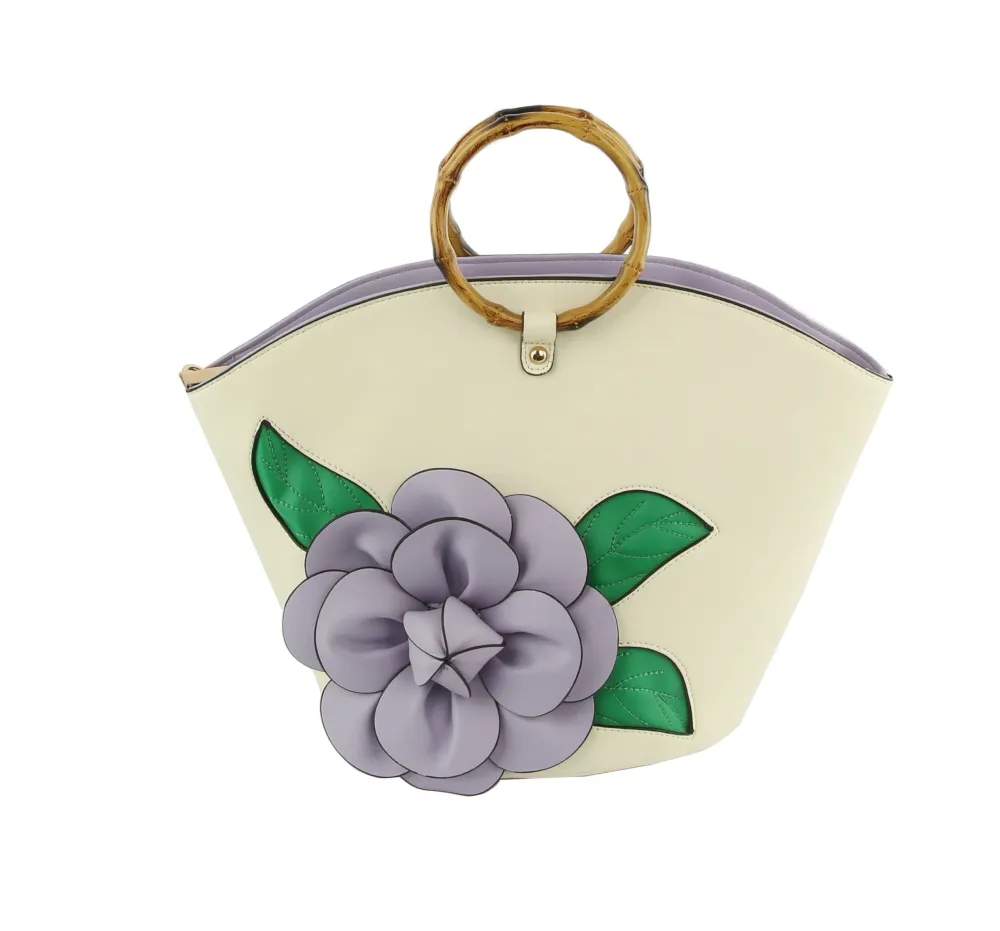 Modern Detail Crystal Accent Top Handle Pocketed Faux Leather Tote Bag